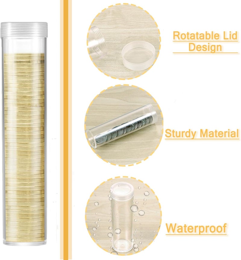 MUDOR 40 Pack Coin Storage Tube for Half Dollar, Plastic Coin Holders Tube with Screw-On Caps, Coin Collection Supplies,Long-Term Coin Storage (Half Dollar) - Image 3